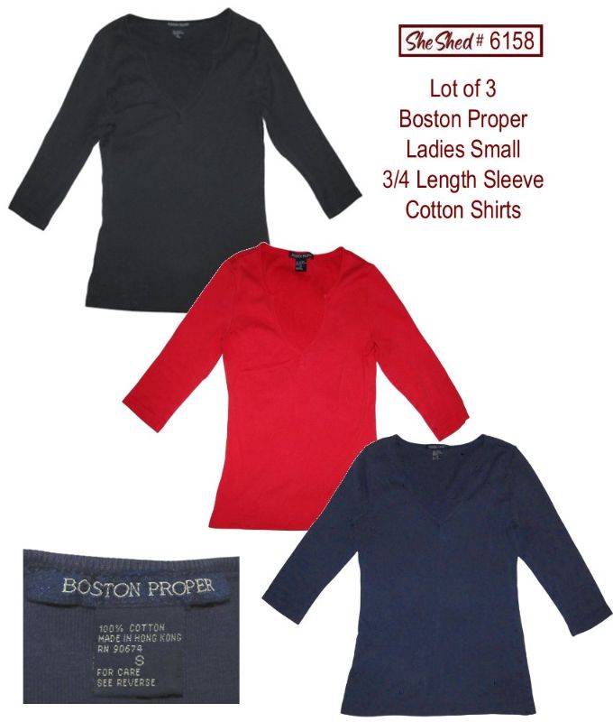 Lot of 3 Boston Proper Women's Small 3/4 Sleeve Cotton Tops Black Red Blue