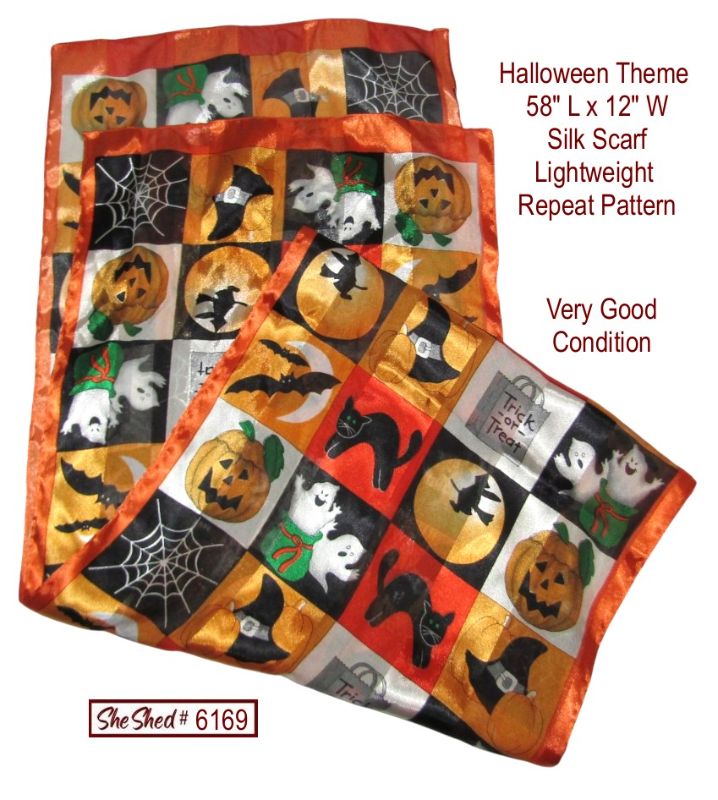 Halloween Silk Scarf 58" x 12" Pumpkins Ghosts Cats Bats Witch Spiderweb