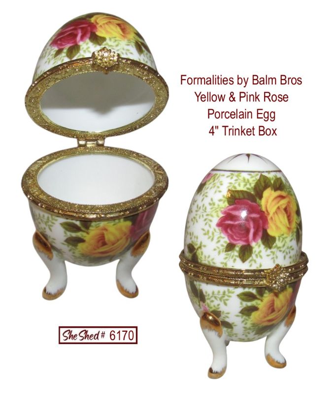 Formalities Baum Bros Pink Yellow Rose Porcelain Egg Trinket Box 4" Floral