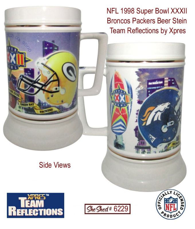 NFL 1998 Super Bowl XXXII Broncos Packers Beer Stein Team Reflections by Xpres