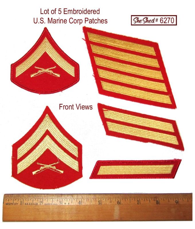 Lot of 5 USMC Marine Corp Gold Red Chevron Rank Svs Stripe Embroidered Patches